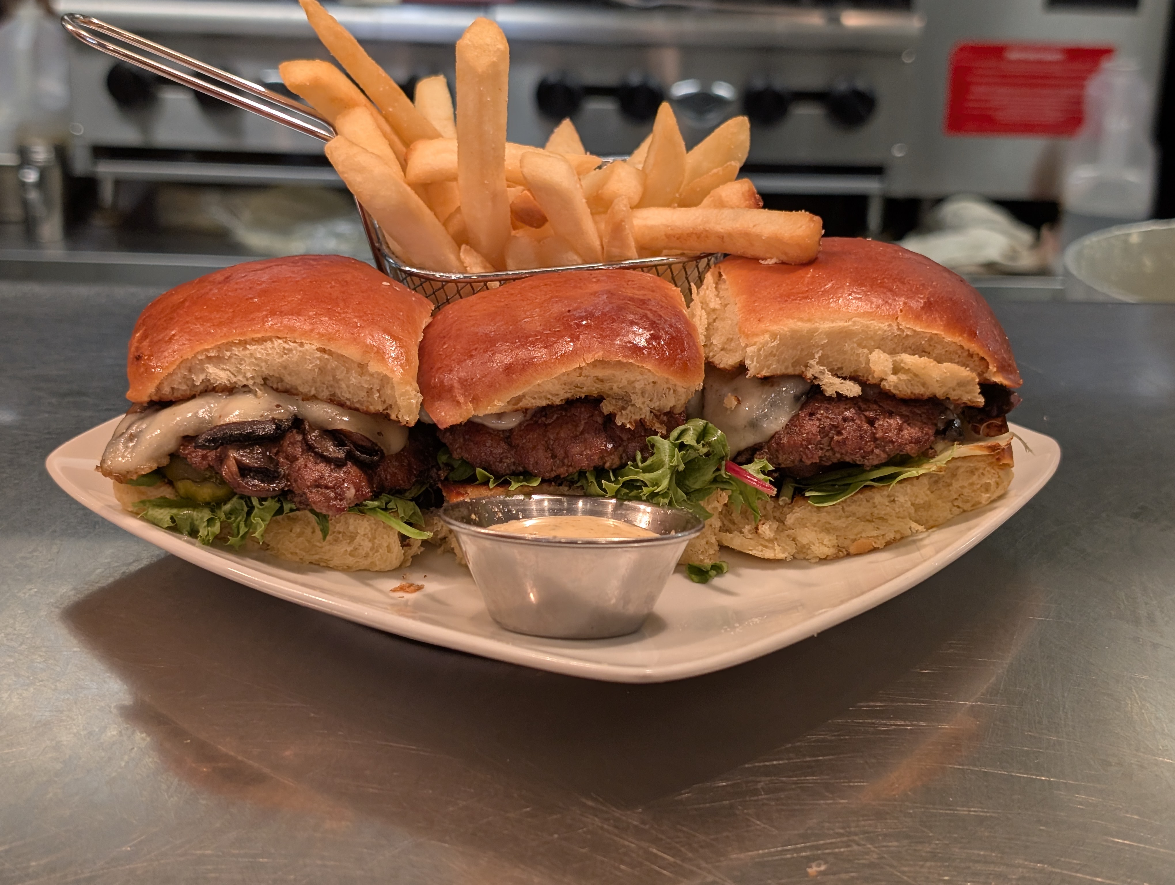 Slider platter, three hand-pressed burgers